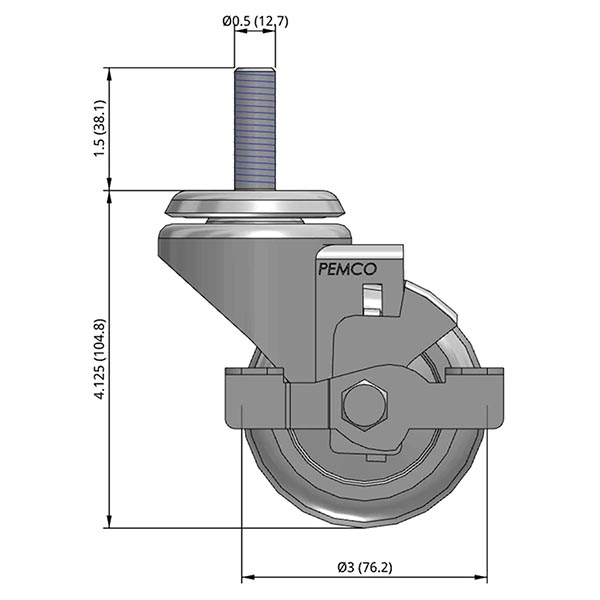 Side view drawing of caster with dimensions